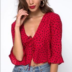 MOTEL ROCKS Red Black Dot Plunge Ruffle Crop Top
